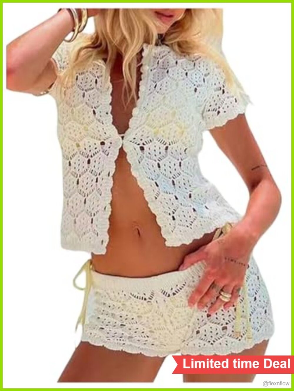Women's Crochet 2 Piece Short Set Button Up Cardigan & High Waist Shorts